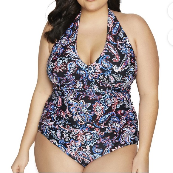 Time & Tru Women’s Halter V-neck Paisley 1Pc Swimsuit Plus Size 2X (20W-22W) NEW - Picture 2 of 8